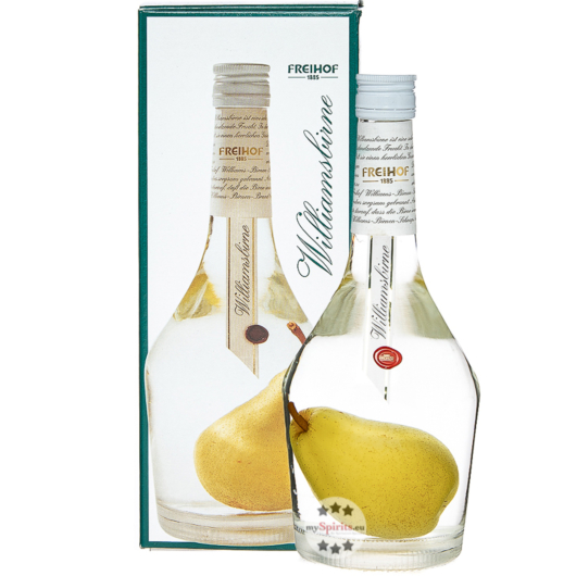 Freihof 1885 Williamsbirne Schnaps in Früchteflasche mit Birne / 35 % vol / 0,7 Liter-Flasche in Geschenkbox