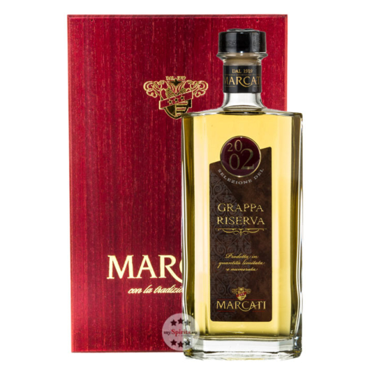 Marcati Grappa Riserva Jahrgang 2002 / 40 % Vol. / 0,5 Liter-Flasche in Holzkiste
