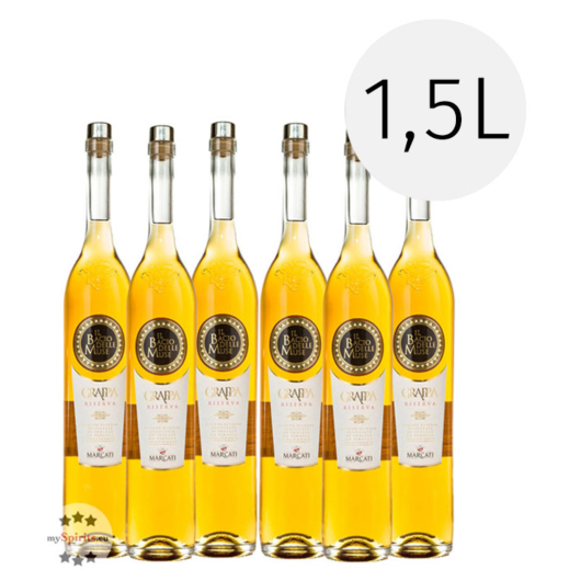 6 x Marcati Grappa Riserva „Il Bacio delle Muse“ / 40 % Vol. / 6 x 1,5 Liter-Flasche