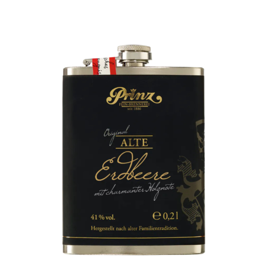 Prinz Flachmann Alte Erdbeere / 41 % vol / 0,2 Liter-Flasche aus Edelstahl