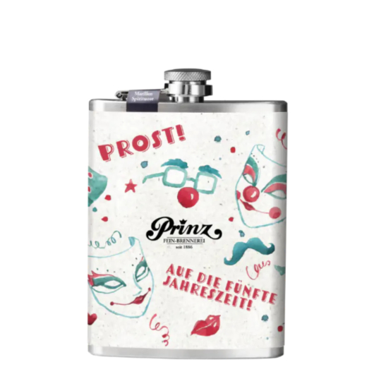 Prinz Flachmann Karneval - Marillen Schnaps / 40 % vol / 0,2 Liter-Flasche aus Edelstahl