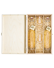 Prinz: Geschenk-Set Holzfass-Duo - Prinz Alter Williams & Prinz Alte Marille mit 2 Exklusiv-Kelchen in Holz-Kiste