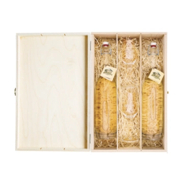 Prinz: Geschenk-Set Holzfass-Duo - Prinz Alter Williams & Prinz Alte Marille mit 2 Exklusiv-Kelchen in Holz-Kiste