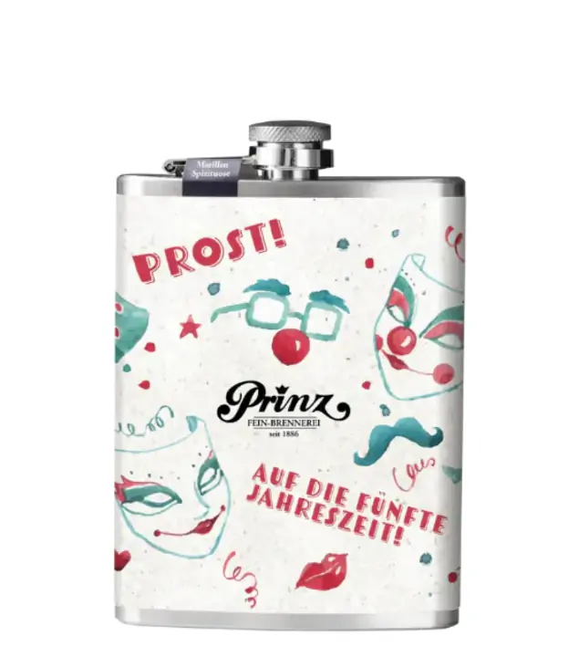 Prinz Flachmann Karneval - Marillen Schnaps / 40 % vol / 0,2 Liter-Flasche aus Edelstahl